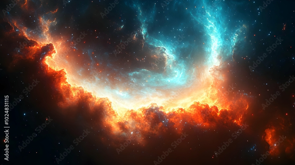 Vibrant cosmic nebula with swirling colors and starry background. Vibrant cosmic nebula with swirling colors and starry background.
