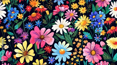 Wallpaper Mural A seamless pattern of colorful flowers on a black background. Torontodigital.ca