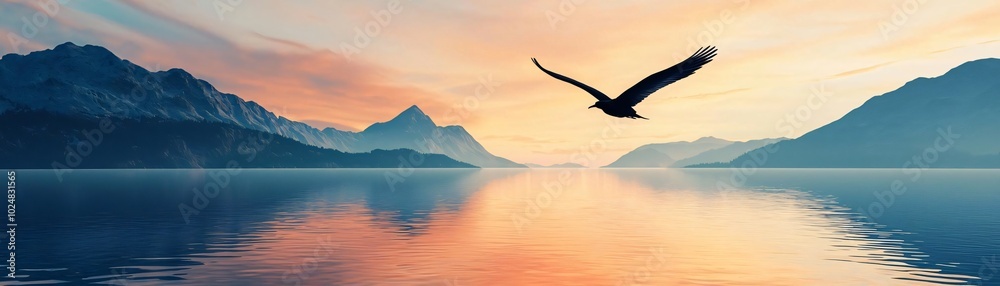 A stunning sunrise over the tranquil lake with majestic mountains and an eagle soaring through the peaceful sky. A stunning sunrise over the tranquil lake with majestic mountains and an eagle soaring through the peaceful sky.