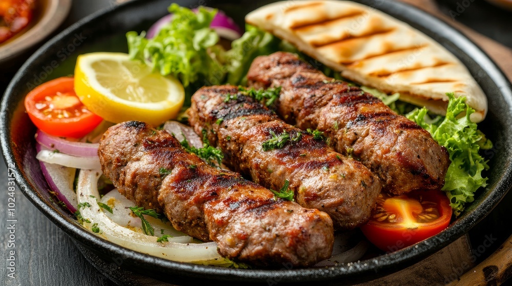 A mouthwatering dish of pork kabab topped with lettuce, pita bread, onion, tomato, and saffron. A mouthwatering dish of pork kabab topped with lettuce, pita bread, onion, tomato, and saffron.