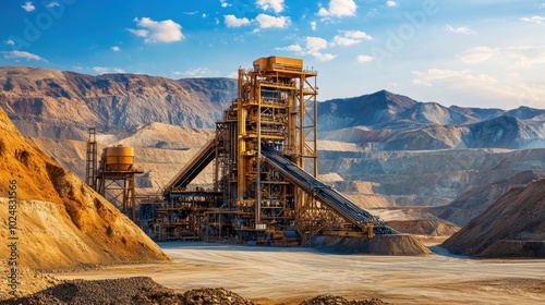 Modern gold mining operations in a sprawling industrial site with towering cranes and processing machines