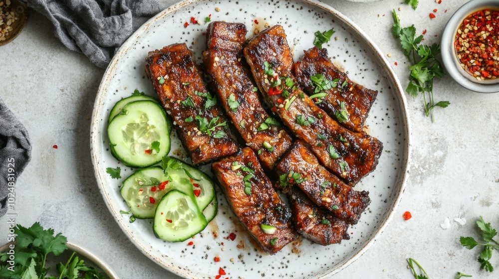 Delicious Grilled Meat with Fresh Vegetables and Herbs Delicious Grilled Meat with Fresh Vegetables and Herbs