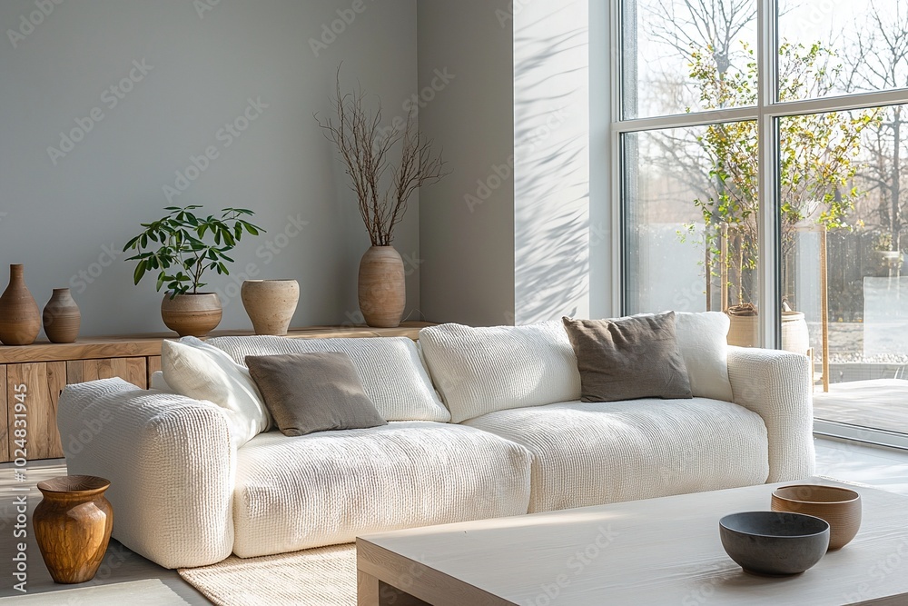Fototapeta premium Minimalist, modern japandi interiors in the living room with windows visible and sofas and tables. Generative AI 