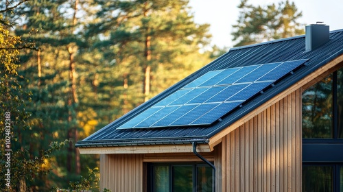 Wallpaper Mural Modern House with Solar Panels in a Scenic Forest Torontodigital.ca