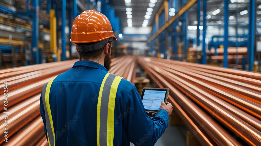 A construction worker in an orange hard hat and blue uniform monitors inventory on a tablet while overseeing copper pipes in a warehouse environment.