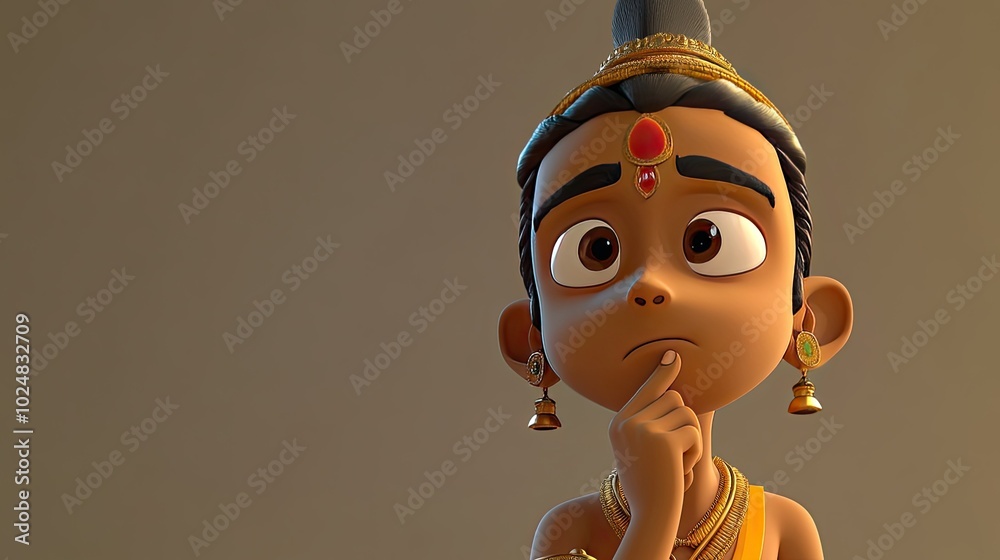 3D Indian cartoon character deep in thought with hand on chin, with plenty of space for text 3D Indian cartoon character deep in thought with hand on chin, with plenty of space for text