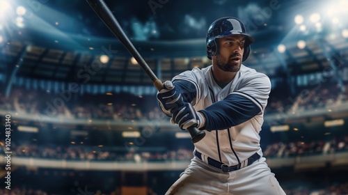 Close-up of professional baseball player gripping bat with intense focus, preparing to hit pitch during high-stakes playoff game, capturing the electrifying atmosphere of a crucial moment in baseball photo