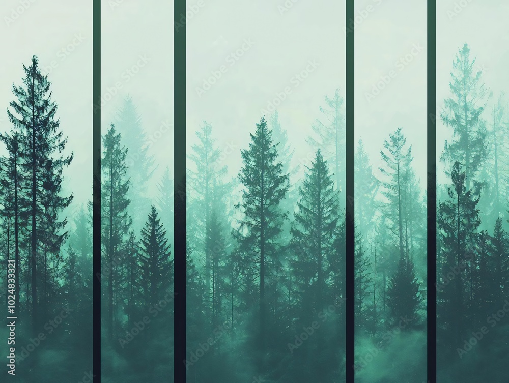 Fototapeta premium Serene misty forest with lush trees creates a tranquil backdrop, perfect for nature-themed projects and calming visuals.