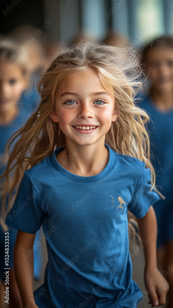 Children actively participating in sports, wearing sports uniforms, captured in motion on a field or in a gym, Children actively participating in sports, wearing sports uniforms, captured in motion on a field or in a gym,