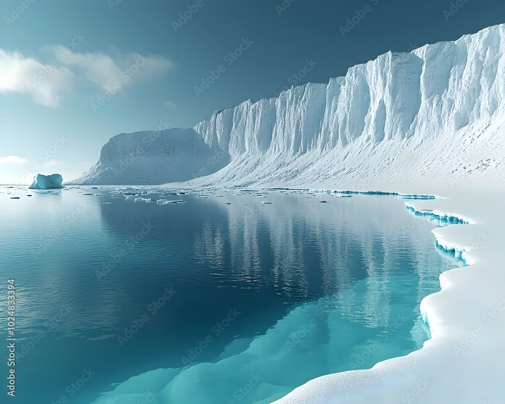 A vast ice shelf towers over a tranquil blue lagoon in the Arctic. The reflection of the ice in the water creates a mesmerizing mirror image. A vast ice shelf towers over a tranquil blue lagoon in the Arctic. The reflection of the ice in the water creates a mesmerizing mirror image.