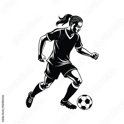Black and white silhouette of a male soccer player dribbling in mid action. Clean, dynamic sports art isolated on white.
