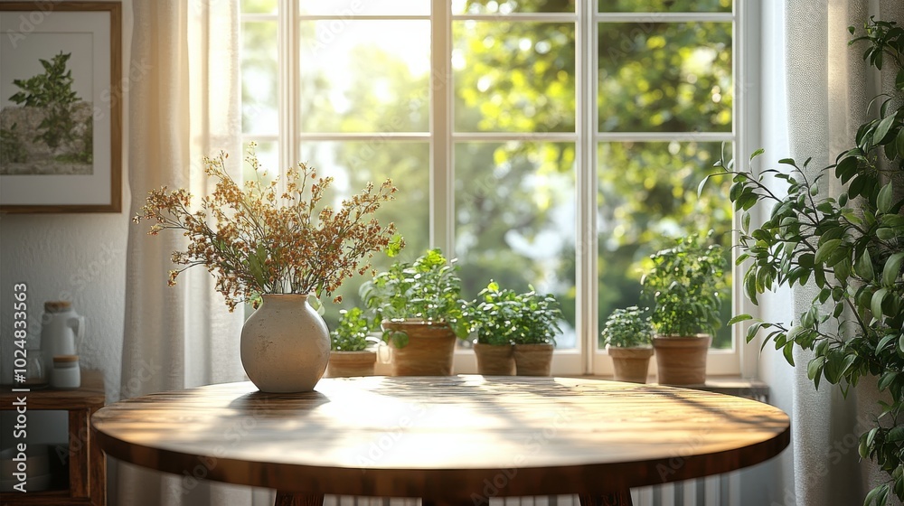 Cozy Sunlit Table with Potted Plants and Flowers