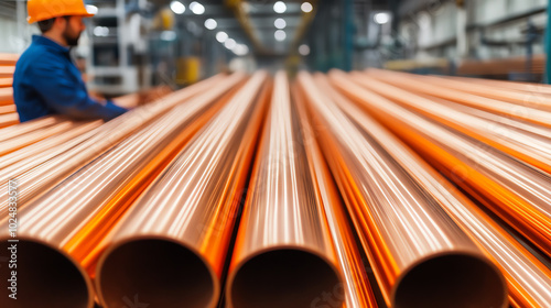 Industrial worker inspecting copper pipes in a factory setting. Focus on the shiny copper surface with blurred background, highlighting manufacturing and production processes.