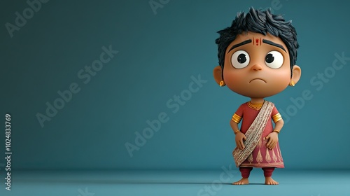 A 3D Indian cartoon character with a sad expression, standing alone with space for copy in the background