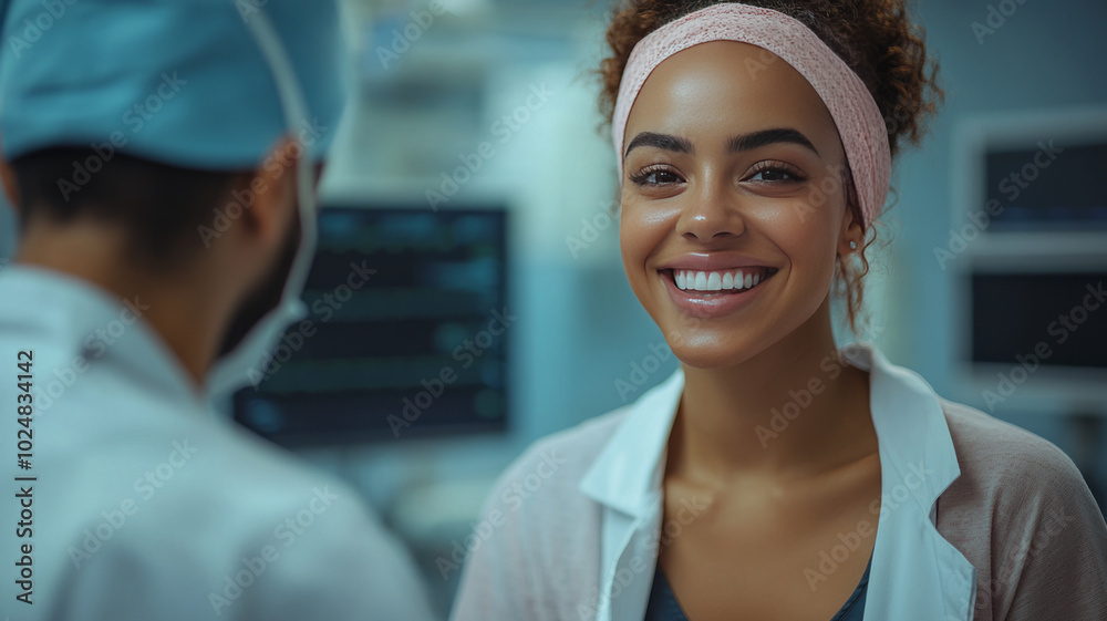 a woman in the hospital receiving oncological care with a doctor, both have happy expressions a woman in the hospital receiving oncological care with a doctor, both have happy expressions