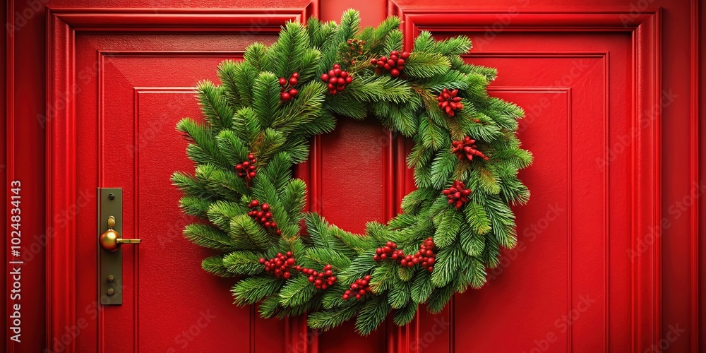 Festive Christmas Wreath on Red Door - Low Light Photography Illustration for Holiday Decor Festive Christmas Wreath on Red Door - Low Light Photography Illustration for Holiday Decor