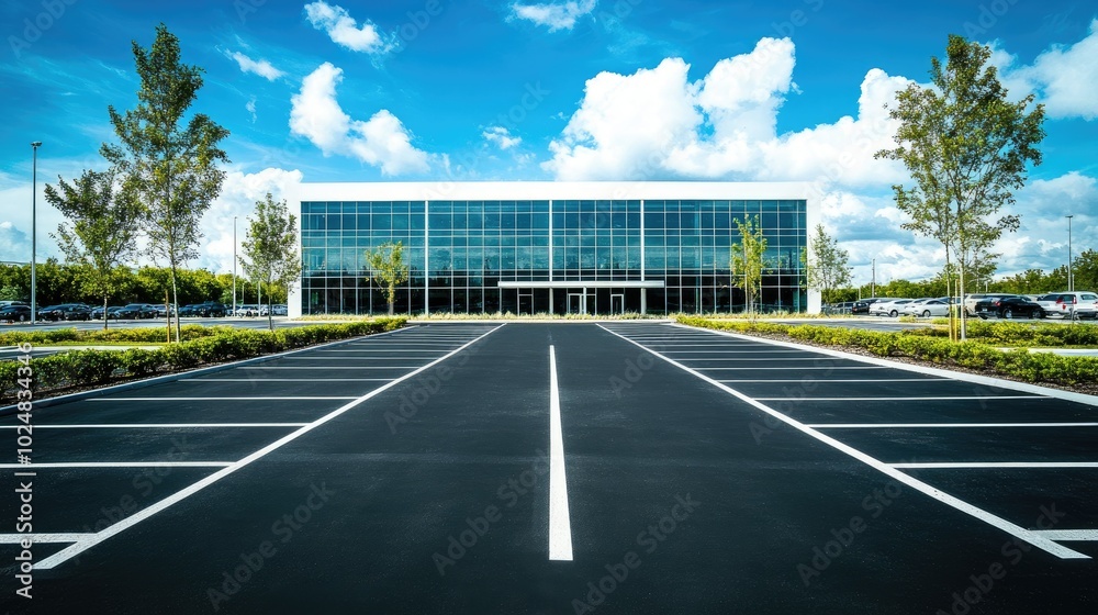 A clean, empty parking lot in front of a modern office building, with plenty of space for copy in the sky A clean, empty parking lot in front of a modern office building, with plenty of space for copy in the sky