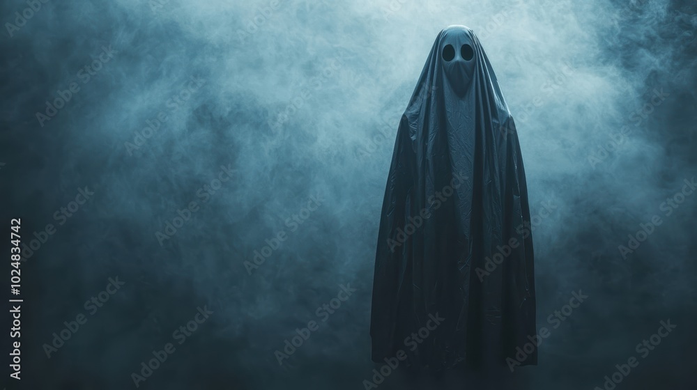 Adult wearing black trash bag ghost costume with neon glow stick outline dancing in dark room with fog effects Adult wearing black trash bag ghost costume with neon glow stick outline dancing in dark room with fog effects