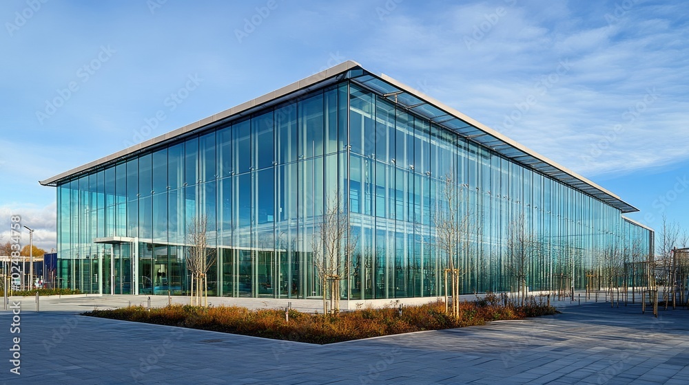 A contemporary glass building against a wide blue sky, with room for copy. No signs of human activity A contemporary glass building against a wide blue sky, with room for copy. No signs of human activity