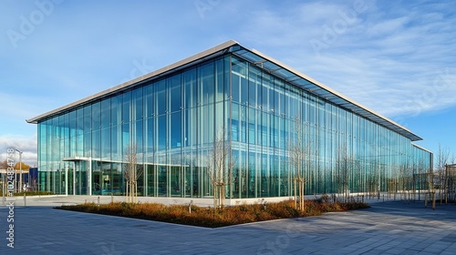 A contemporary glass building against a wide blue sky, with room for copy. No signs of human activity