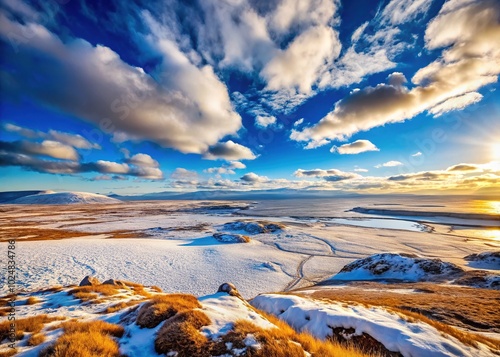 Flat Arctic Landscape in Late Fall with Snow and Blue Skies near Arviat Nunavut Canada photo