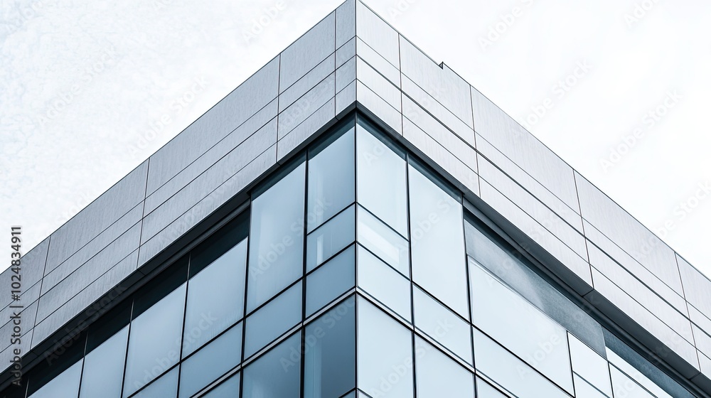 A detailed shot of a sleek, modern building corner, with open space above for copy. No people or vehicles A detailed shot of a sleek, modern building corner, with open space above for copy. No people or vehicles