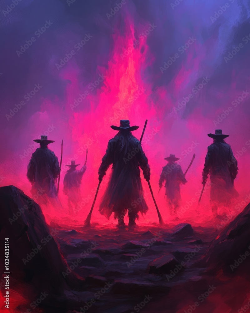 A group of shadowy figures approaches a fiery backdrop, creating an ominous atmosphere. A group of shadowy figures approaches a fiery backdrop, creating an ominous atmosphere.