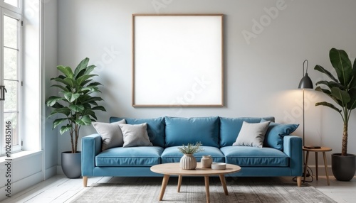 minimalistic interrior desighn with blue sofa and blank canvas mockup on a wall. A 3D render of a minimalist living room with a blue velvet sofa and a large square picture frame on a wall photo