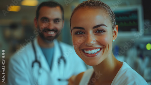 a woman in the hospital receiving oncological care with a doctor, both have happy expressions photo