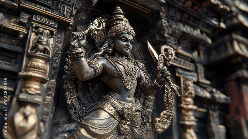 A golden-hued sculpture of Lord Vishnu with detailed carvings, holding his iconic weapons, displayed against a rich temple backdrop. A golden-hued sculpture of Lord Vishnu with detailed carvings, holding his iconic weapons, displayed against a rich temple backdrop.