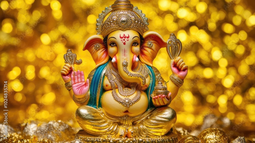 Fototapeta premium A majestic statue of Lord Ganesha in vibrant colors, set against a golden background, with intricate details in his ornaments and crown.