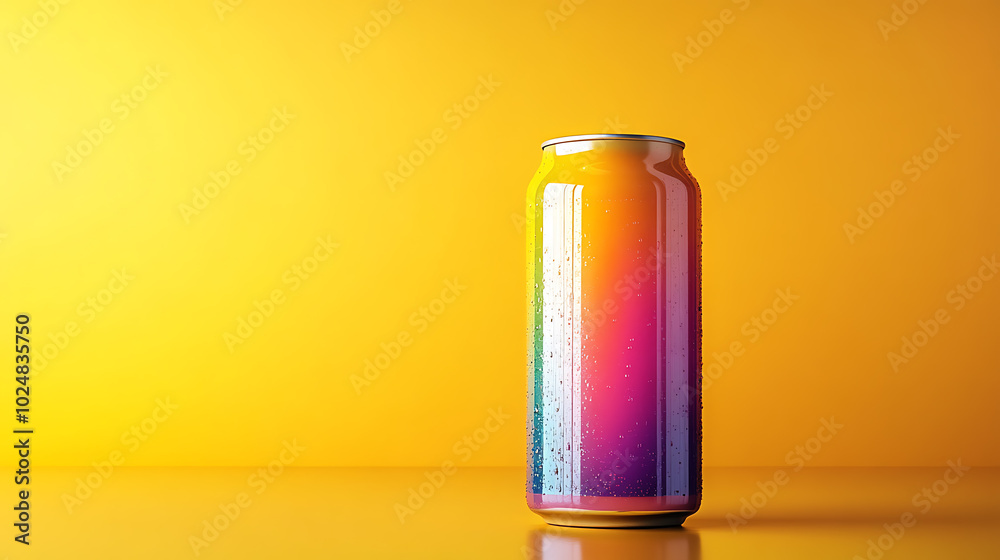 A colorful can with condensation on a bright yellow background. A colorful can with condensation on a bright yellow background.