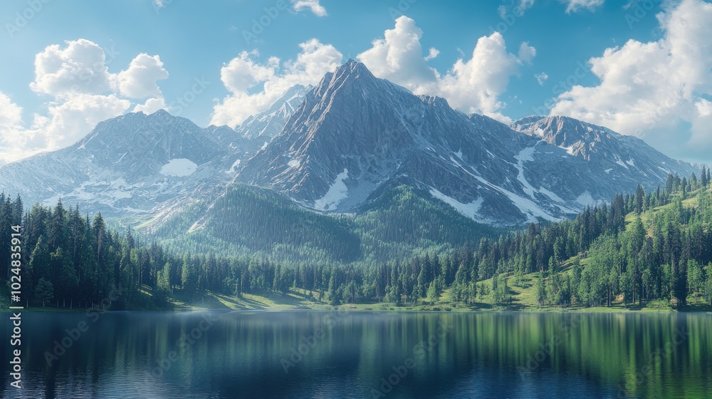 A serene mountain lake reflecting the surrounding peaks and a bright blue sky with wispy clouds. A serene mountain lake reflecting the surrounding peaks and a bright blue sky with wispy clouds.