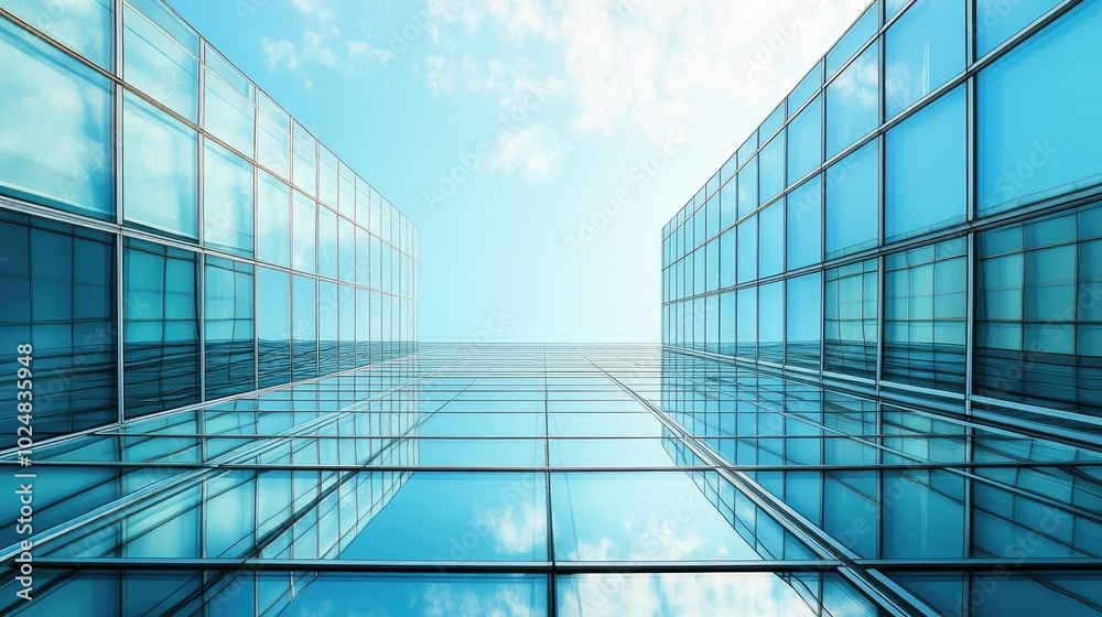 Obraz premium A modern office building exterior with large glass windows, photographed from below