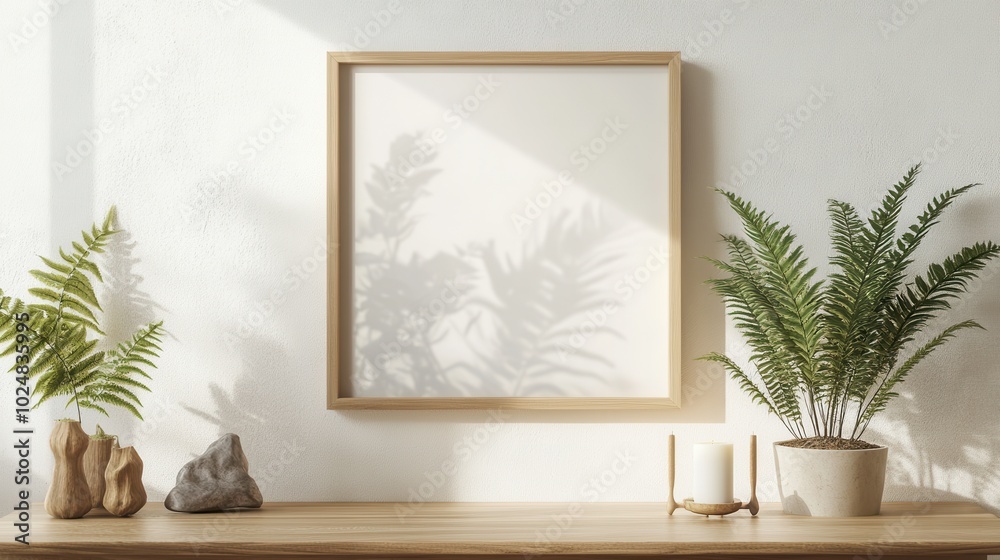 Wooden Frame with Greenery and Natural Decor in Bright Setting Wooden Frame with Greenery and Natural Decor in Bright Setting