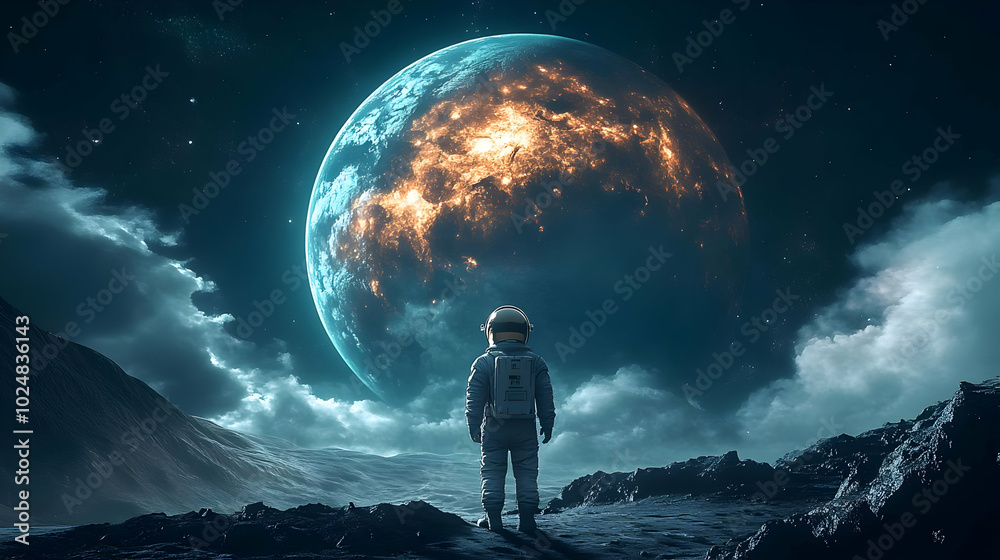 Astronaut gazing at a vibrant Earth from a lunar landscape. Astronaut gazing at a vibrant Earth from a lunar landscape.