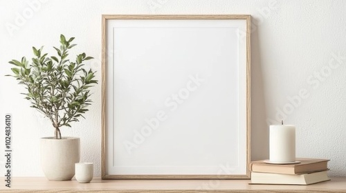Minimalist Square Wooden Frame with Green Plants and Books