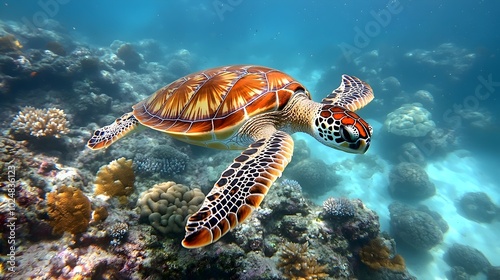 A sea turtle glides through the crystal-clear water, surrounded by vibrant coral reefs.