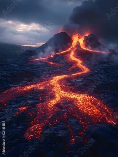 A fiery river of lava flows down a volcanic mountainside, creating a mesmerizing scene against the backdrop of a stormy sky.