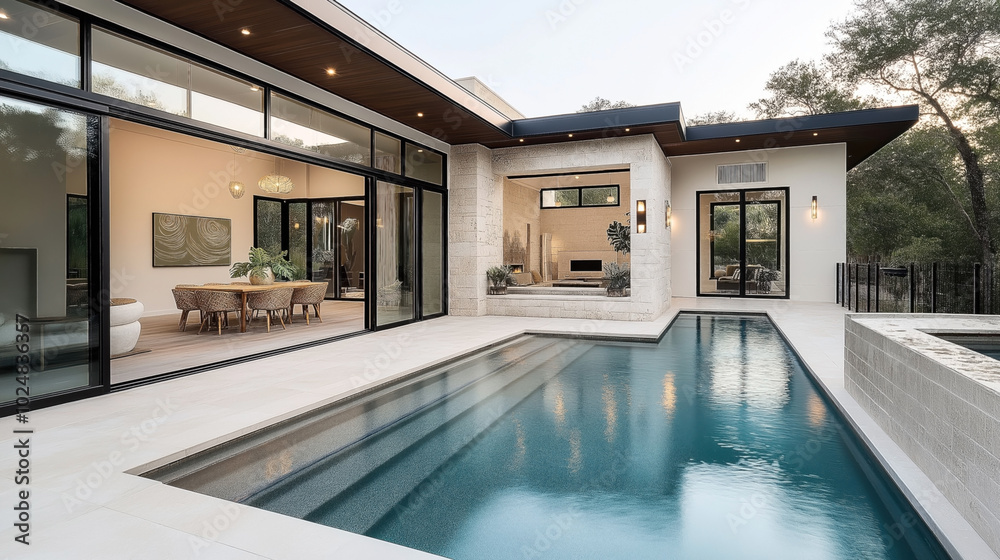 Modern luxury home exterior with swimming pool and glass walls, showcasing spacious outdoor and indoor living areas with elegant furnishings and contemporary design elements. Modern luxury home exterior with swimming pool and glass walls, showcasing spacious outdoor and indoor living areas with elegant furnishings and contemporary design elements.