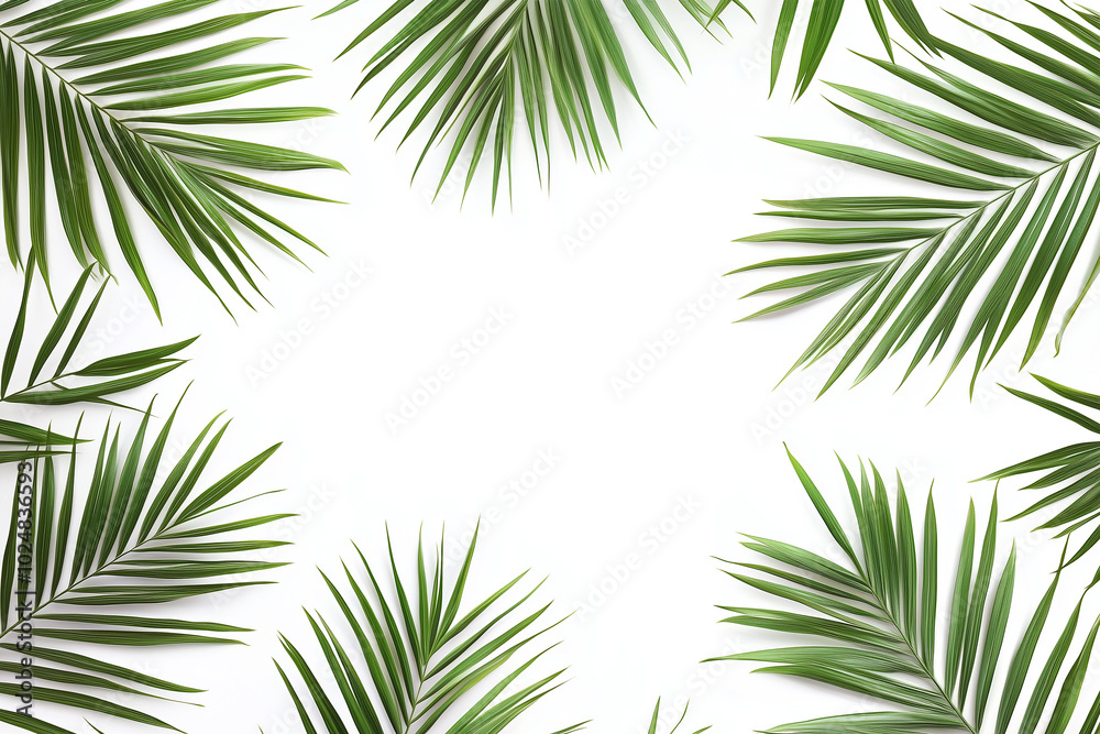 Tropical Palm Leaves Frame on White Background