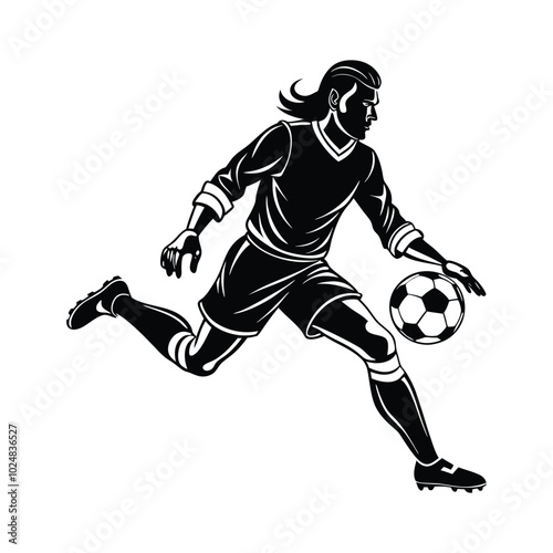 Silhouette of a male soccer goalkeeper in action, dribbling with determination. Clean, dynamic sports art isolated on white.
