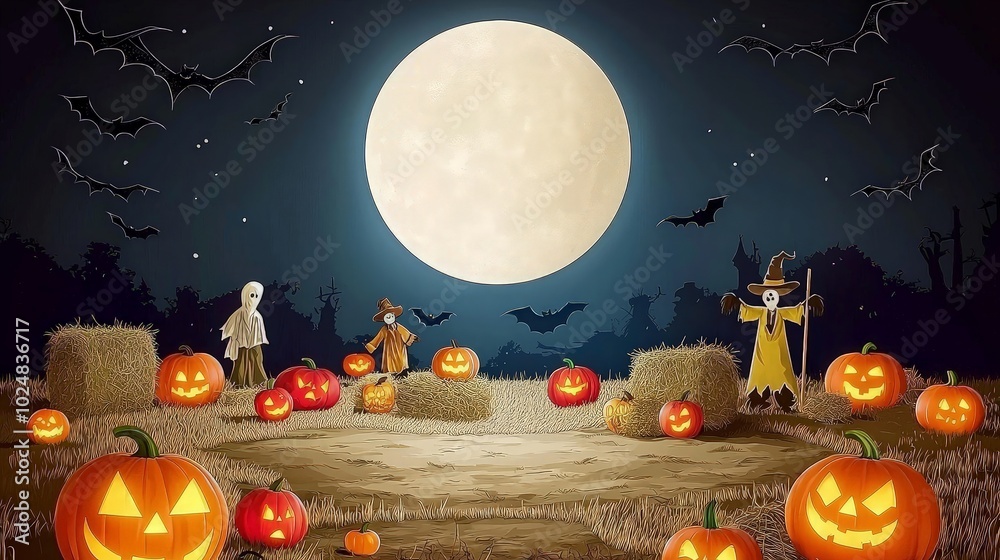 Fototapeta premium A spooky Halloween scene with jack-o'-lanterns, scarecrows, and bats under a full moon.