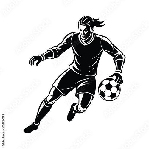 Silhouette of a male soccer goalkeeper in action, dribbling with determination. Clean, dynamic sports art isolated on white.
