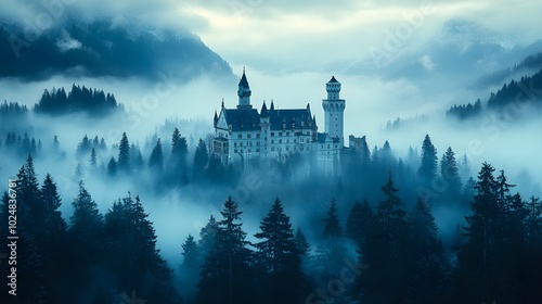 Old castle on a hill surrounded by misty forests A historic castle with towers and battlements, perched majestically on a hill as thick fog envelops the surrounding forests.