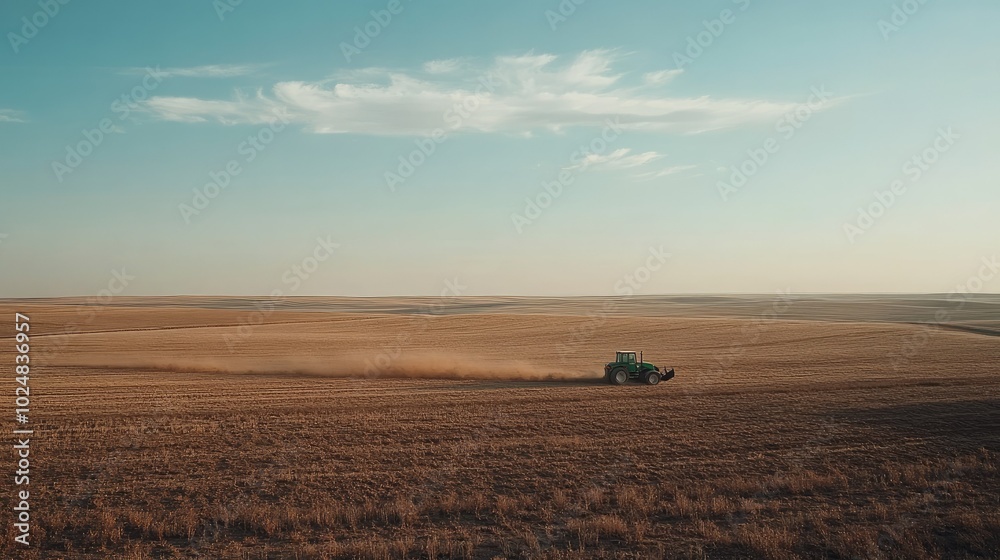 Obraz premium A tractor plowing a vast farmland, with large areas of soil and sky left for copy space. No people in sight