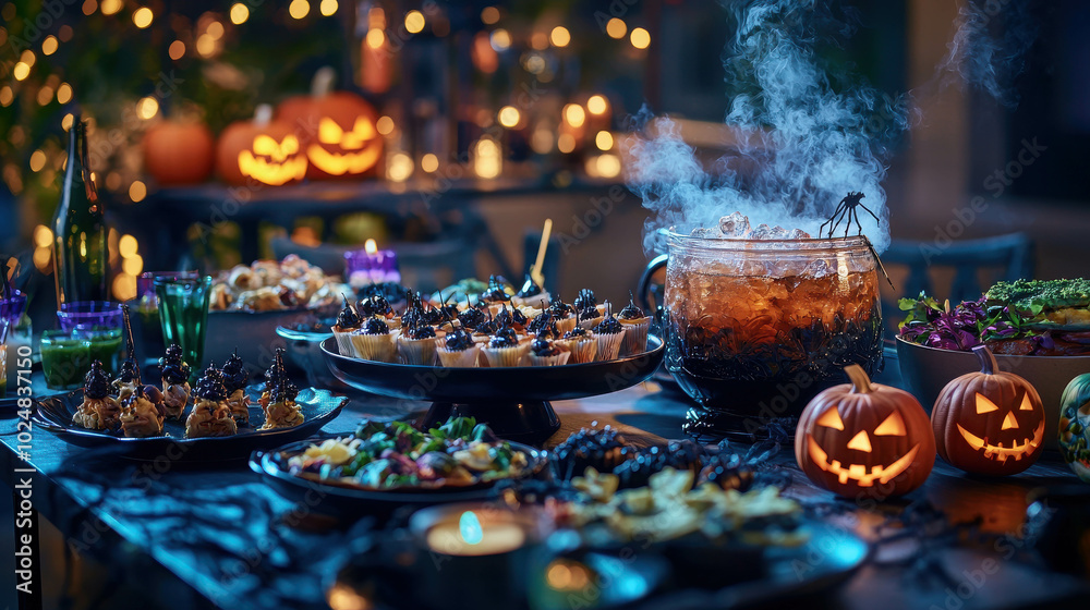 Festive Halloween Dinner Table with Treats and Décor