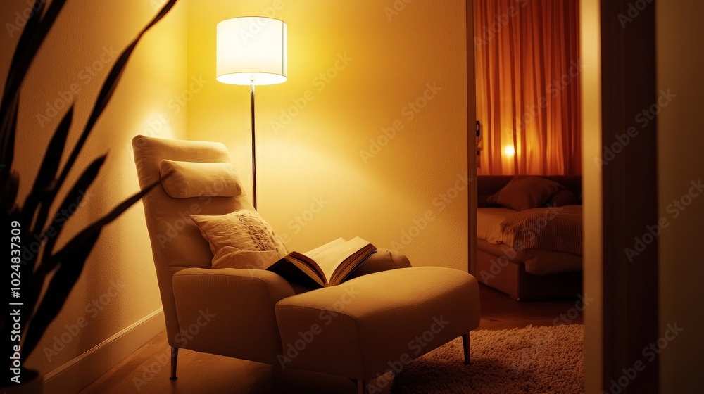 A comfortable armchair with a book on it, lit by a floor lamp, in a cozy room with a glimpse of a bedroom in the background. A comfortable armchair with a book on it, lit by a floor lamp, in a cozy room with a glimpse of a bedroom in the background.