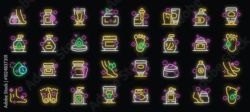 Bright glowing neon icons representing various foot care products and treatments