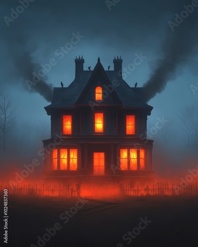 A haunted house at night with glowing windows and smoke, creating a spooky atmosphere.